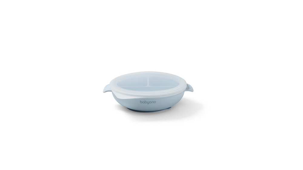 BabyOno Πιάτο Σιλικόνης με 3 Θέσεις, Καπάκι & Βάση με Βεντούζα Μπλε