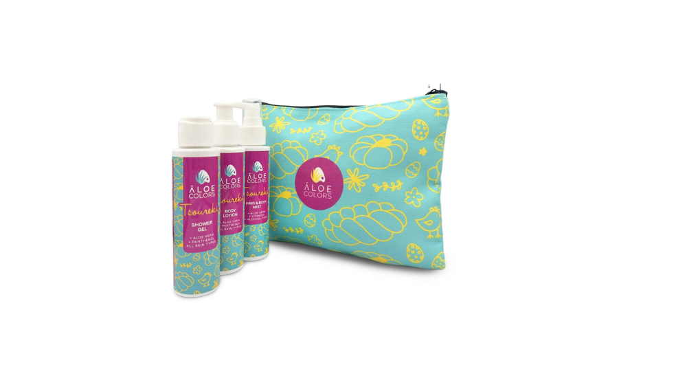 Aloe Colors Tsoureki Cosmetic Bag με Αφρόλουτρο 100ml, Ενυδατική Σώματος 100ml και Hair & Body Mist 100ml, 1σετ