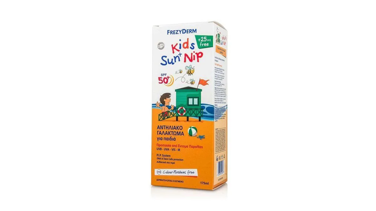 Frezyderm KIDS SUN+NIP SPF50+ ΑΝΤΙΗΛΙΑΚΟ ΓΑΛΑΚΤΩΜΑ με ΕΝΤΟΜΟΑΠΩΘΗΤΙΚΟΥΣ ΠΑΡΑΓΟΝΤΕΣ 175ML